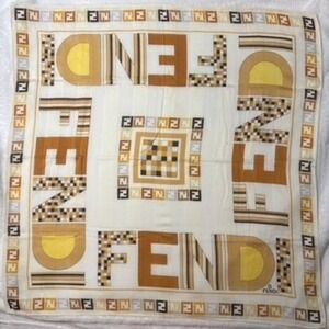 Vtg FENDI Scarf Handkerchief Zucca Logo Brown Tan Yellow 22"